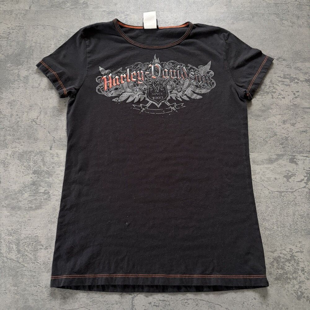 Vtg Y2K Harley Davidson Baby Tee Sz L Grunge Angel Wings Emblem Logo Illinois